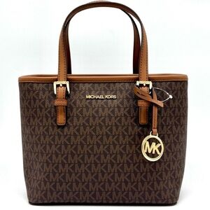 Michael Kors Jet Set Travel Extra-Small Logo Top-Zip Tote Bag Brown Signature